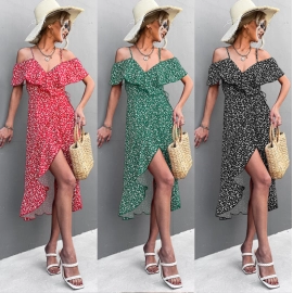 Off-shoulder floral halter dress irregular long skirt