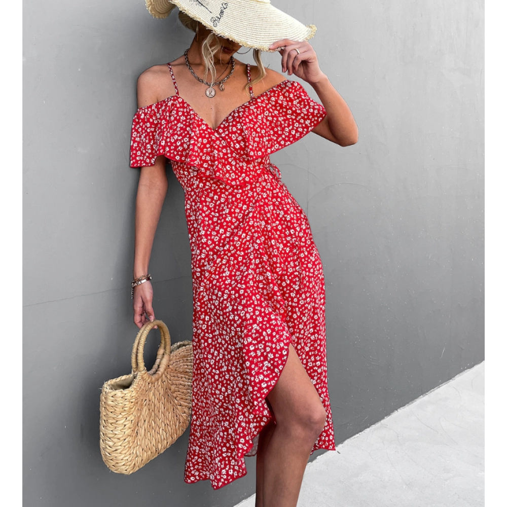 Off-shoulder floral halter dress irregular long skirt