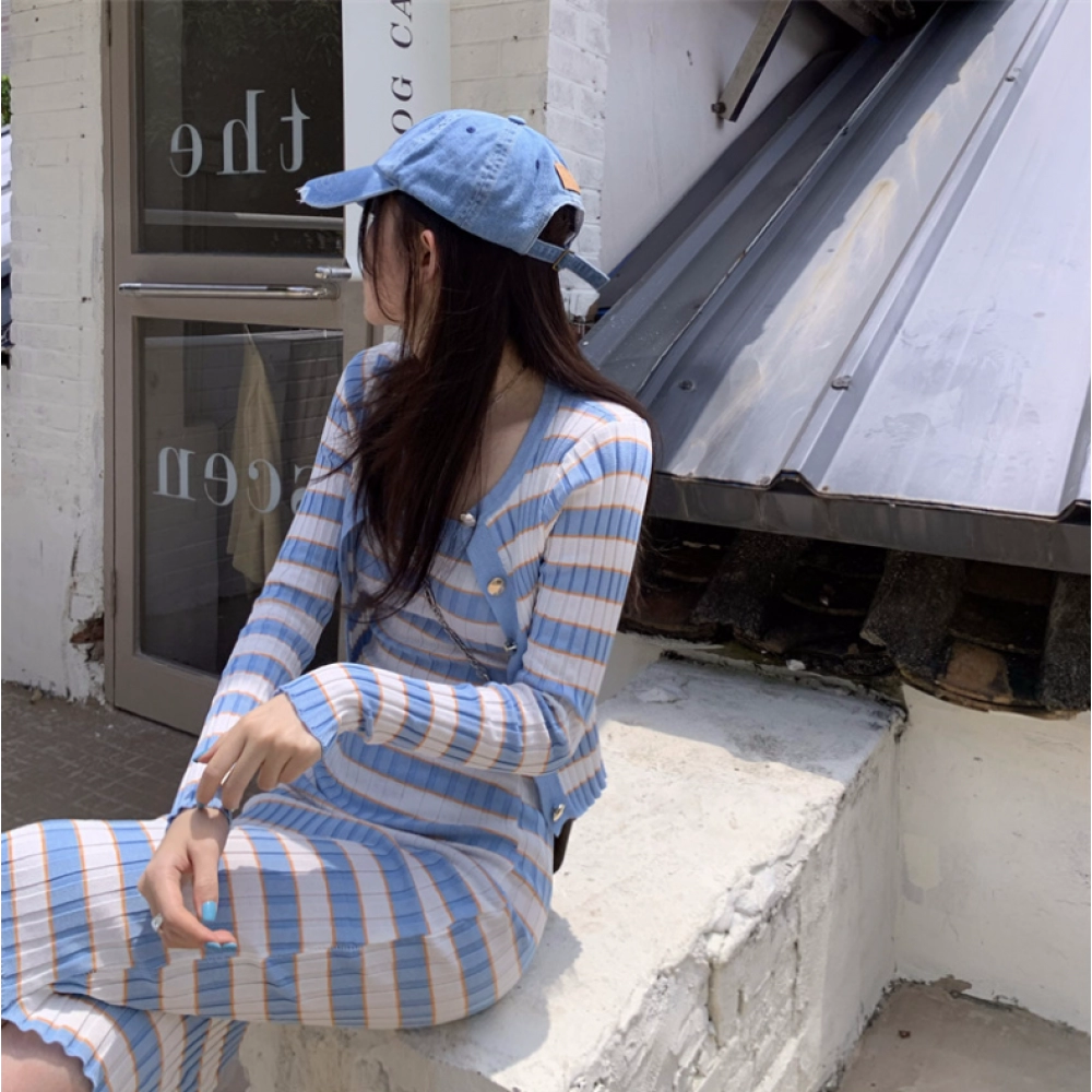 Autumn style temperament small fragrance stripe knitted long-sleeved cardigan suspender dress women's Korean version slim two-piece dress