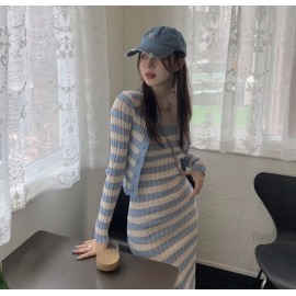 Autumn style temperament small fragrance stripe knitted long-sleeved cardigan suspender dress women's Korean version slim two-piece dress