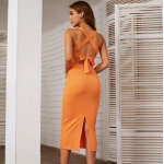 New style solid color slim fitting dinner dress with suspenders and split temperament dress