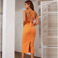 New style solid color slim fitting dinner dress with suspenders and split temperament dress