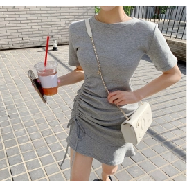 Drawstring pleated ruffle skirt fishtail skirt round neck short sleeve t-shirt short skirt light grey slim slim dress sexy